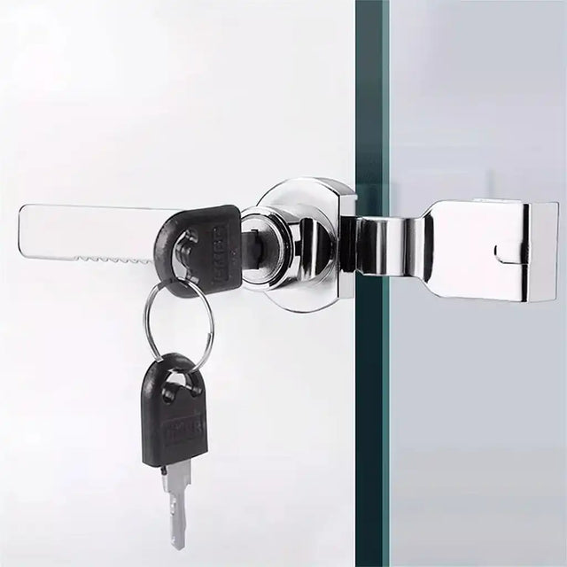 Glass door with a chrome handle and key lock mechanism.