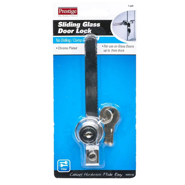 Sliding glass door lock with packaging on a white background