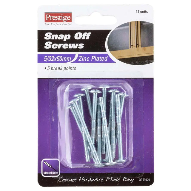 Pack of Prestige snap off screws with packaging details on a white background
