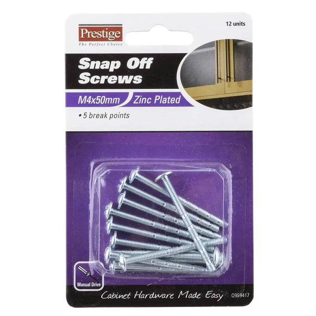 Pack of Prestige snap off screws with packaging details on a white background