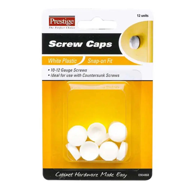 Pack of white plastic screw caps with packaging displaying 'Prestige' brand.