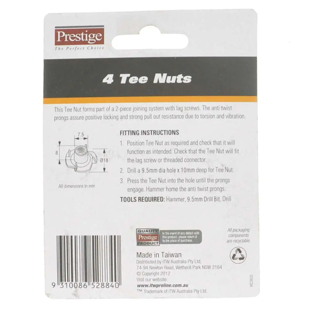 Prestige brand packaging for 4 tee nuts with fitting instructions and product details.