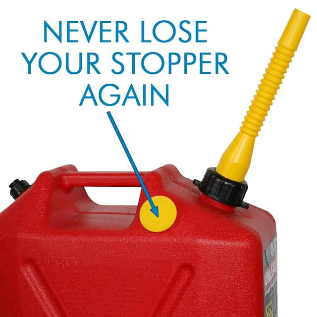 Red gas can with yellow spout and text 'Never lose your stopper again' on a white background