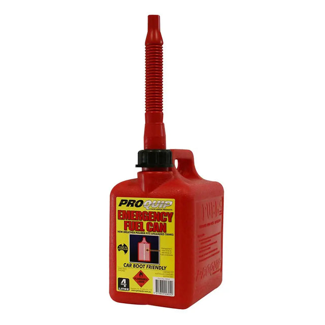 Red emergency fuel gun with a yellow label on a white background