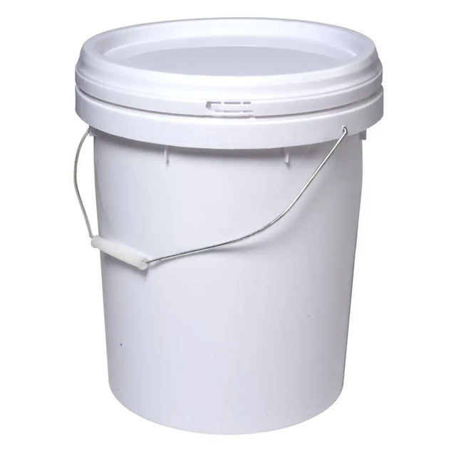 White plastic bucket with a lid on a white background