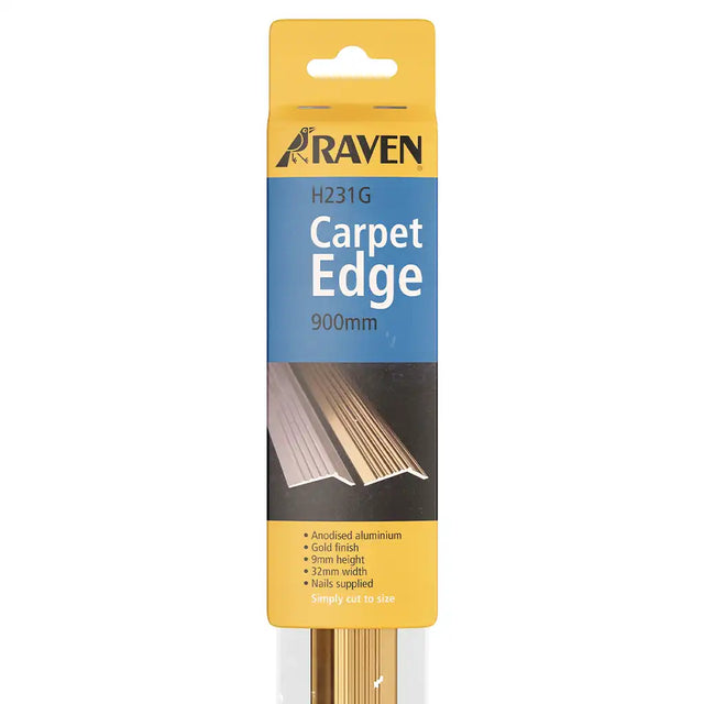 Packaged carpet edge trim with Raven branding on a white background