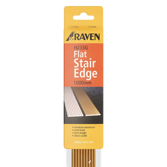 Packaged flat stair edge with Raven branding on a white background