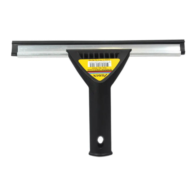 Squeegee with black handle and silver blade on a white background
