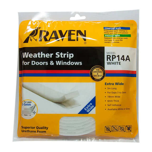 Packaging of Raven weather strip for doors and windows with yellow and black design.