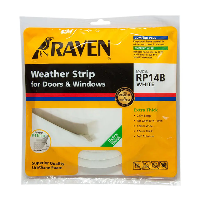 Packaging of Raven weather strip for doors and windows with yellow and black design.