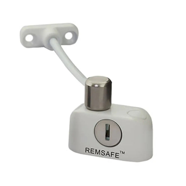 White door lock with silver handle on a white background, featuring the REMSAFE brand.