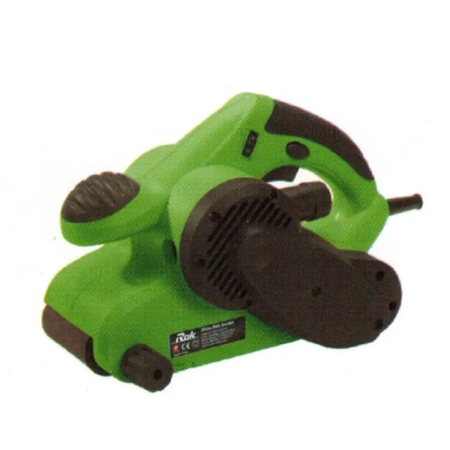 A green and dark brown belt sander shown from a three-quarters angle on a plain white background.