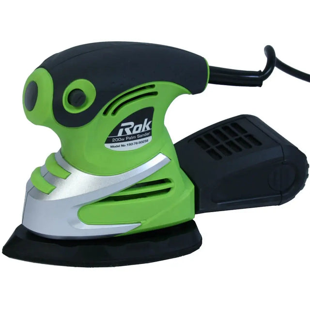 A 20V 4-star orbital sander with a green and black body, silver guard, and black sanding pad, shown on a white background with its power cord visible.