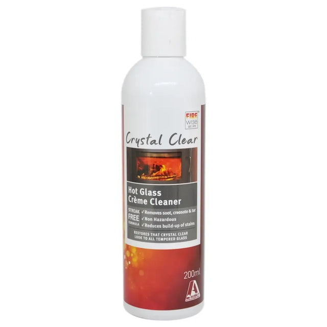 Bottle of Crystal Clear Hot Glass Crème Cleaner on a white background
