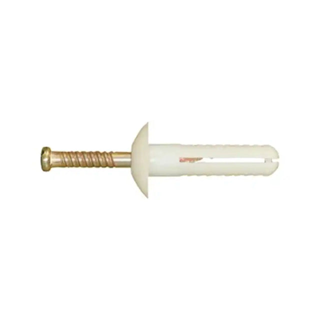 White plastic anchor with gold metal screw on a white background