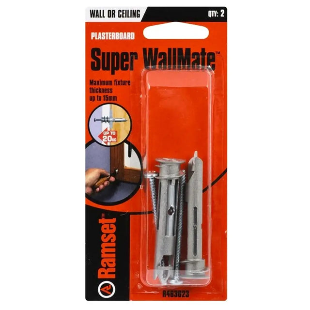 Packaged Super WallMate plasterboard fixings with Ramset branding on an orange background
