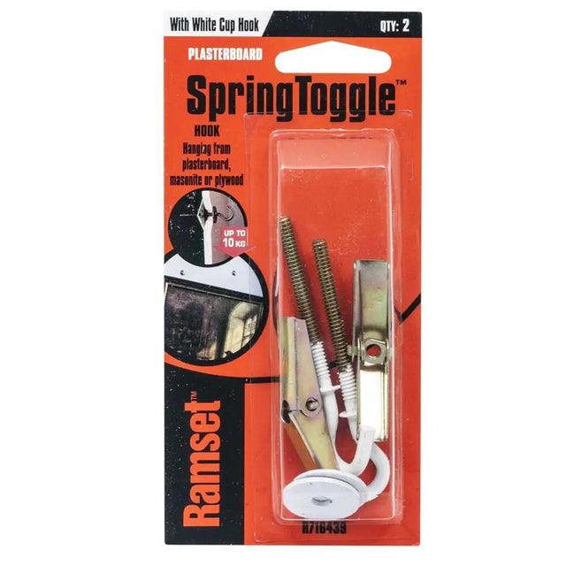 Packaged SpringToggle plasterboard hook with Ramset branding on an orange background