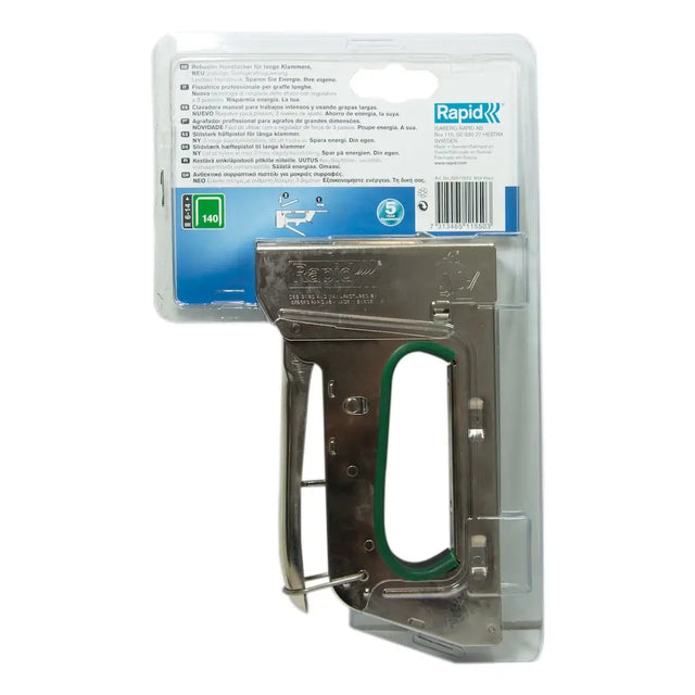 Tacker gun with green handle in clear packaging on a white background