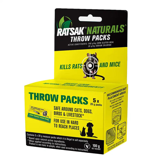 Ratsak Naturals Throw Packs box containing 5 x 20g mouse traps, shown on a clean white background.