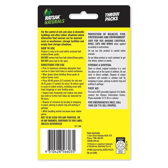 Back of a RakSak Naturals throw pack product label, with a black top section, yellow lower section, product details, usage instructions, barcode, and Australian contact information.