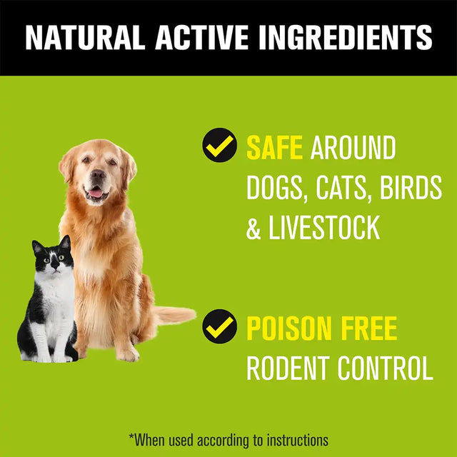 Promotional graphic for a pet rodent control product on a bright green background. White text at the top reads 'NATURAL ACTIVE INGREDIENTS.