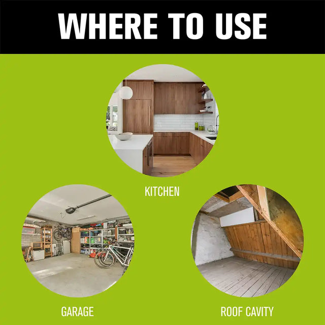 An informational graphic with a black header reading 'WHERE TO USE' above three circular photos labeled 'KITCHEN', 'GARAGE', and 'ROOF CAVITY' on a bright green background.
