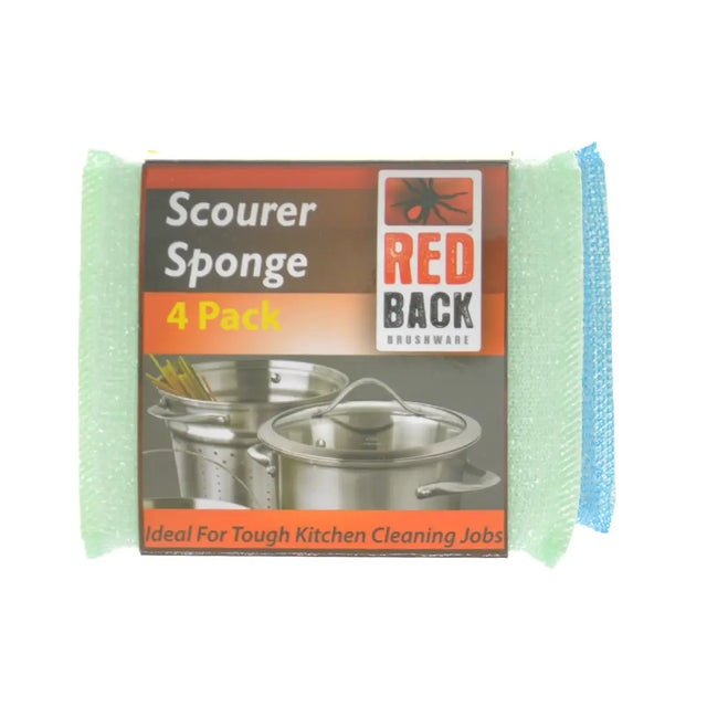 Red Back Scourer Sponge 4 Pack packaging with a green sponge on a white background