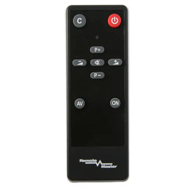 Black remote control with various buttons on a white background