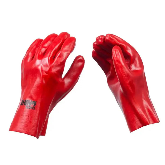 A pair of red latex work gloves shown against a plain white background, with one glove displaying a black 'HANDS ON' logo on the wrist.