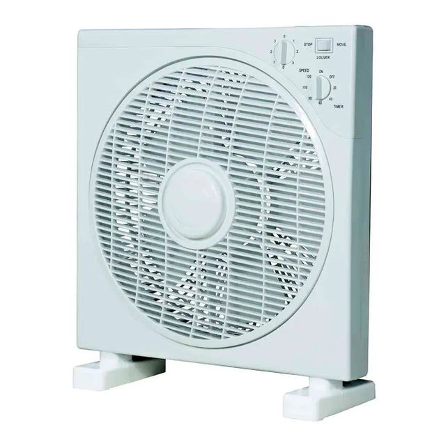 White box fan with control panel on a white background