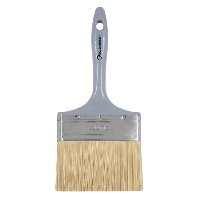 Paint brush with wooden bristles and gray handle on a white background