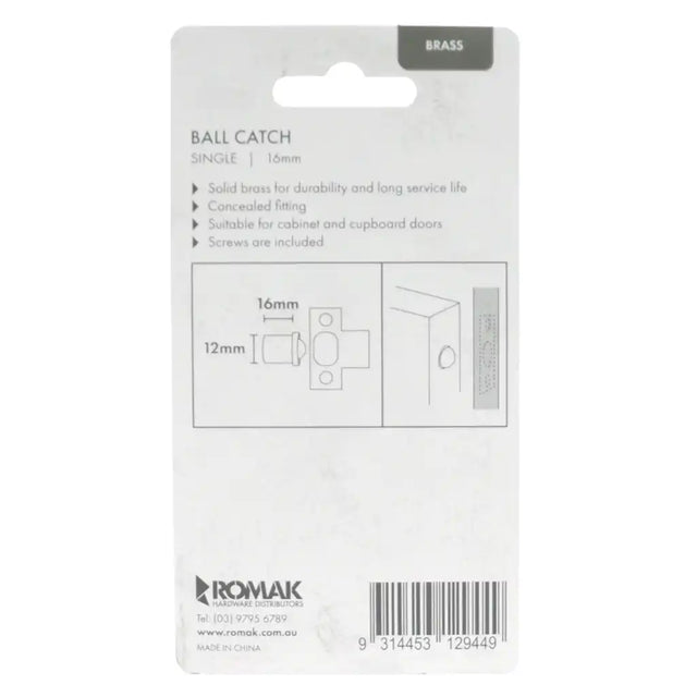 Packaging of a ball catch with dimensions and product details on a white background
