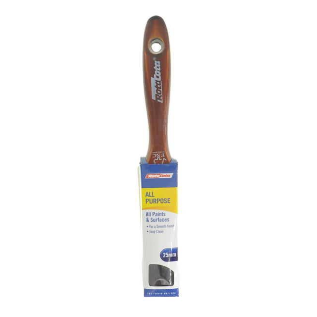 Paint brush with wooden handle and packaging labeled 'All Purpose' on a white background