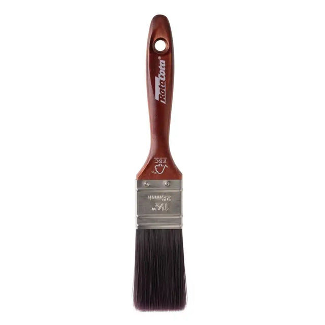 Paint brush with a red handle and black bristles on a white background