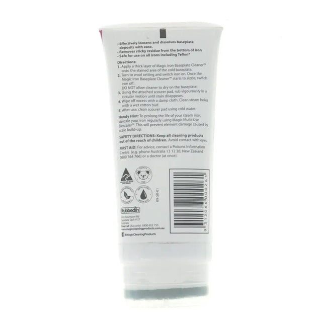 Back of a cleaning product packaging with text and symbols on a white background