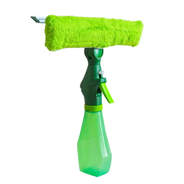 Green cleaning tool with a spray bottle and microfiber roller on a white background