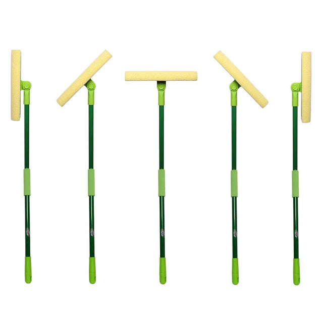 Set of five green squeegees with yellow rubber blades on a white background