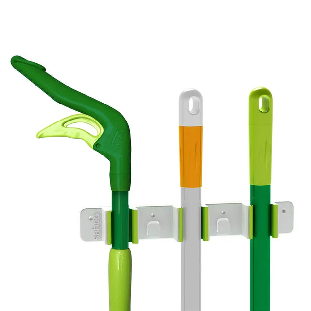 Green and orange garden tool set with wall mount on a white background