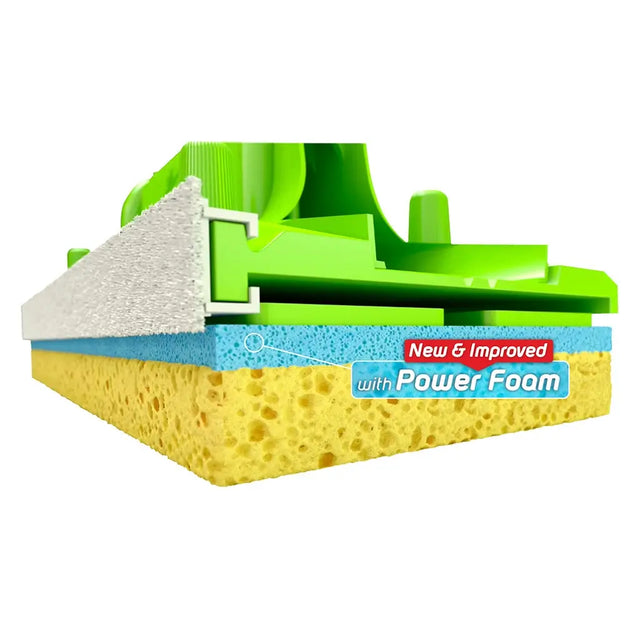 Cleaning tool with green frame, yellow sponge, and white foam on a white background