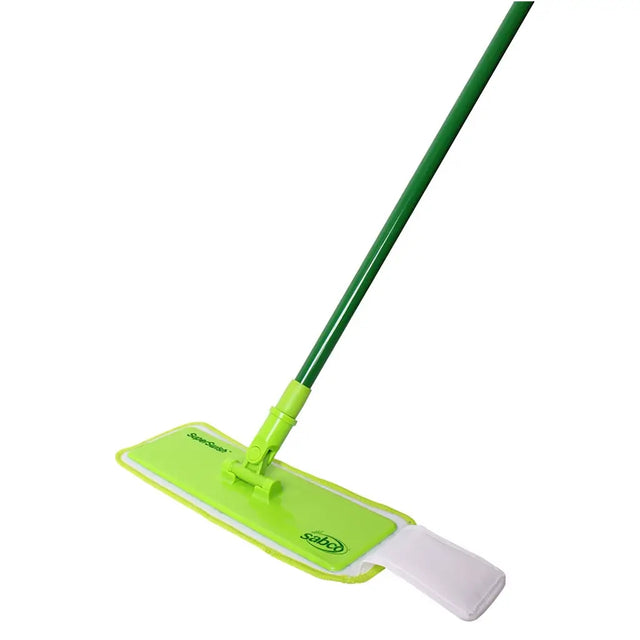 Green and white swiffer sweep and mop on a white background