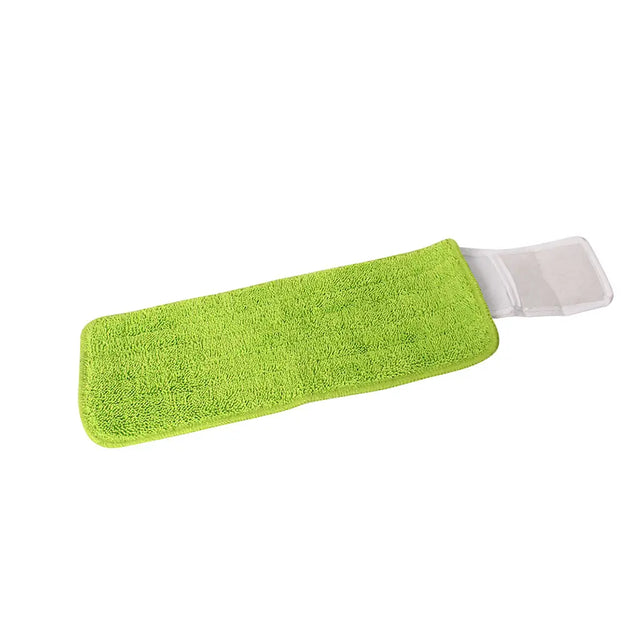 Green microfiber cleaning pad with white handle on a white background