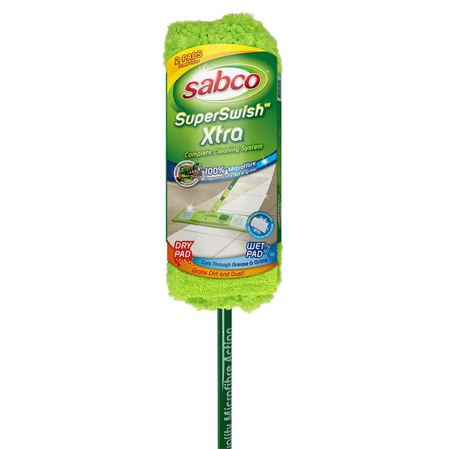 Sabco SuperSwish Xtra cleaning system with green scrubber on a white background
