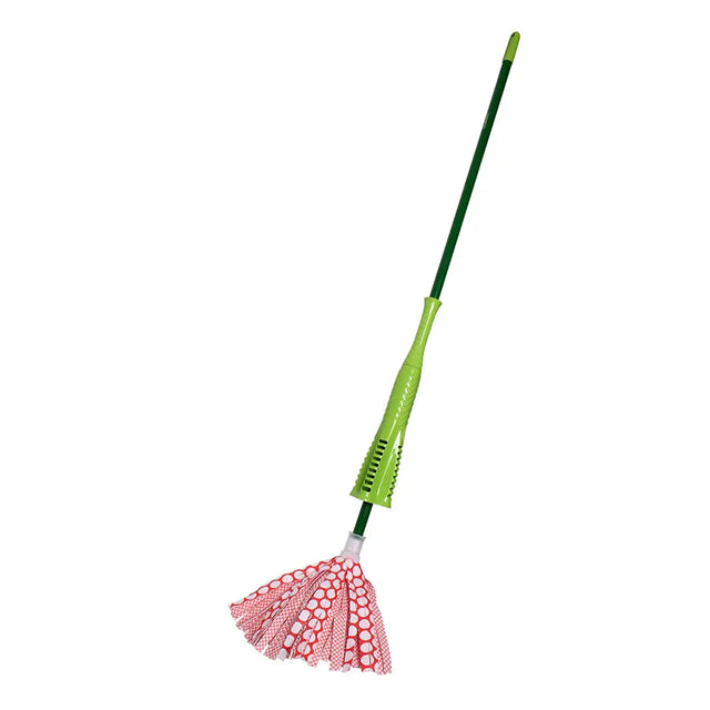 Green mop with red polka dot head on a white background