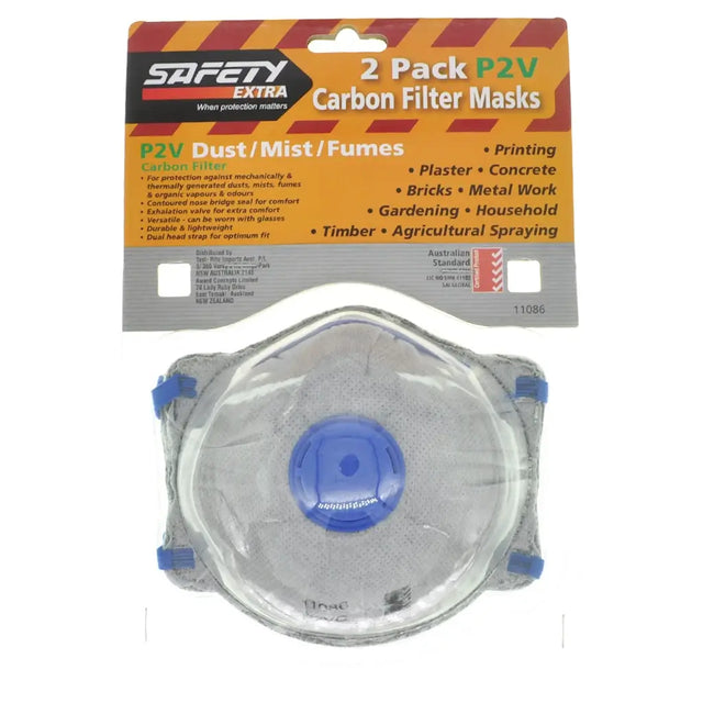 A 2-pack of Safety Extra P2V carbon filter masks, with one mask visible through its clear plastic packaging and the retail header card above it.