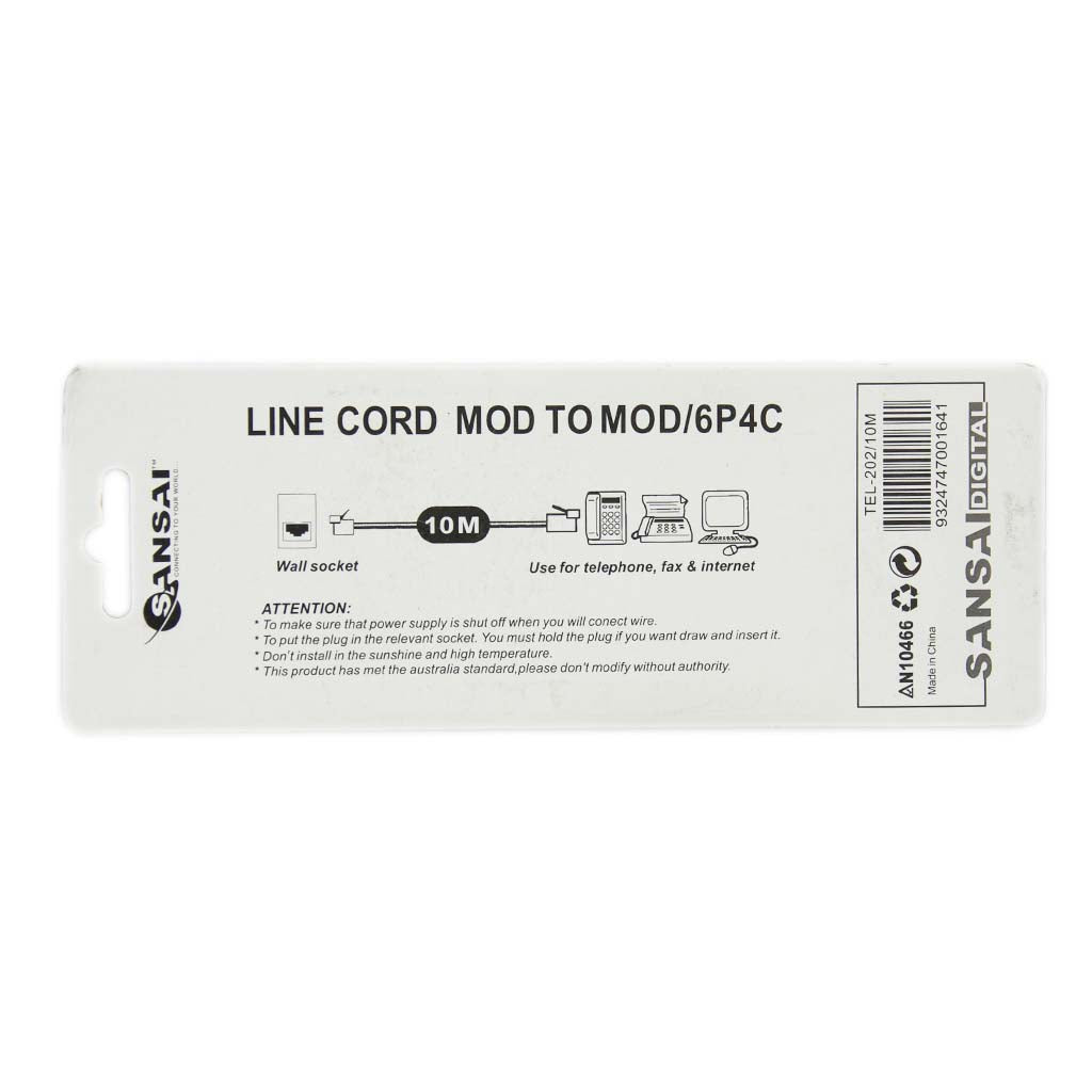 SANSAI 10M Telephone Cable Line Cord Mod to Mod/6P4C TEL-202/10M