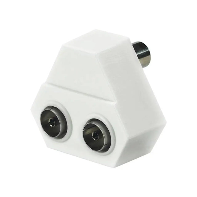 White geometric object with two black sockets on a white background