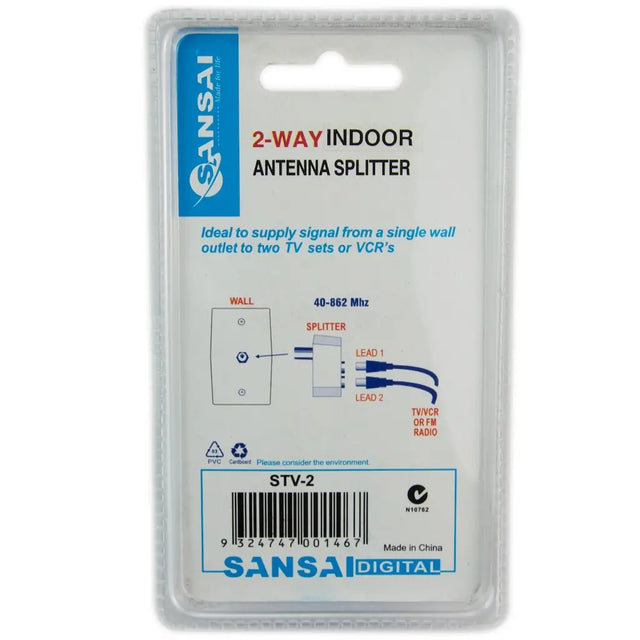 Sansai 2-way indoor antenna splitter packaging on a white background