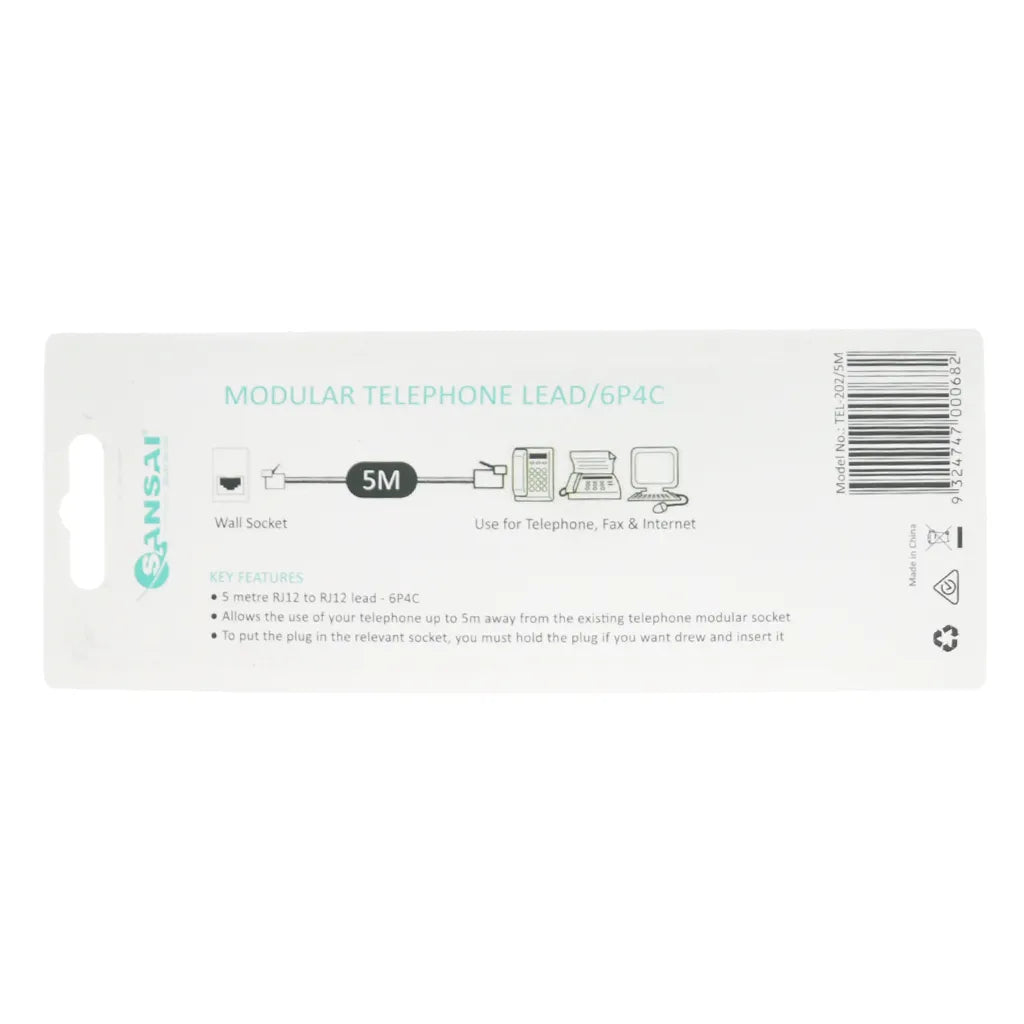 SANSAI 5M Telephone Cable Line Cord Mod to Mod/6P4C TEL-202/5M