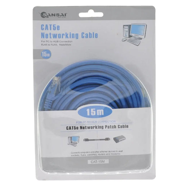 Packaged CAT5e networking cable with blue cable on a white background