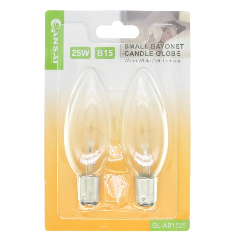 SANSAI Candle Incandescent Light Bulb B15 240V 25W Clear GL-AB1525